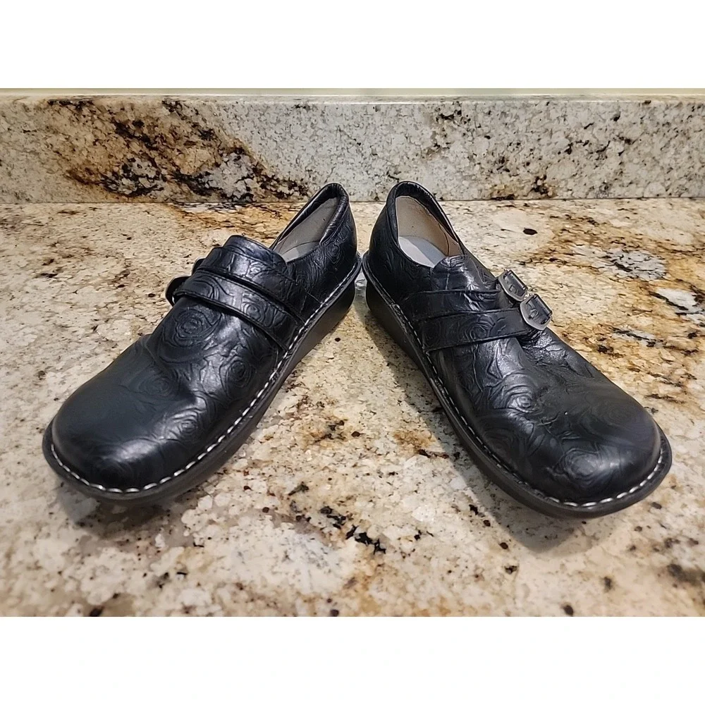 Alegria Ali Black Leather With Silver Embosse Roses - Gorgeous 42, US 11-11.5.